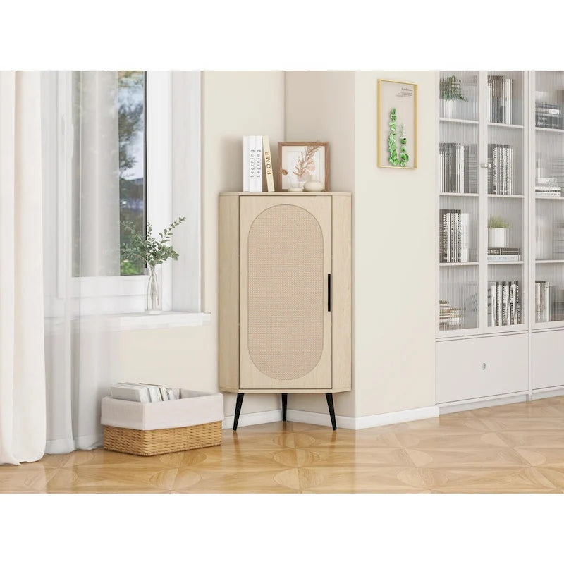 Meuble d'angle, porte en rotin, table d'angle autoportante pour petits espaces, étagère d'angle pour salon, cuisine, salle de bain