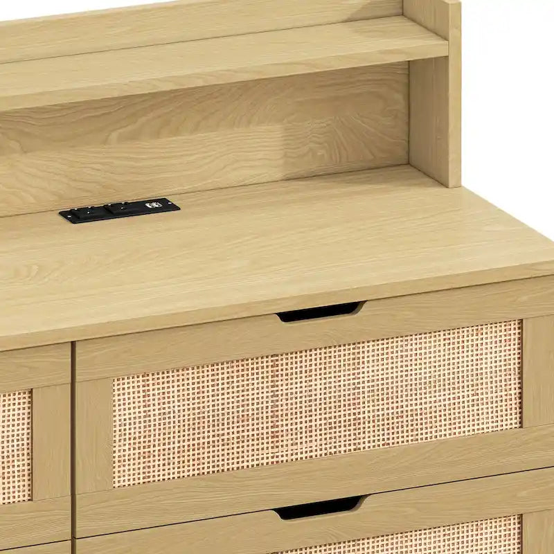 Meuble de rangement d'appoint à 6 tiroirs en rotin avec éclairage LED et prise électrique