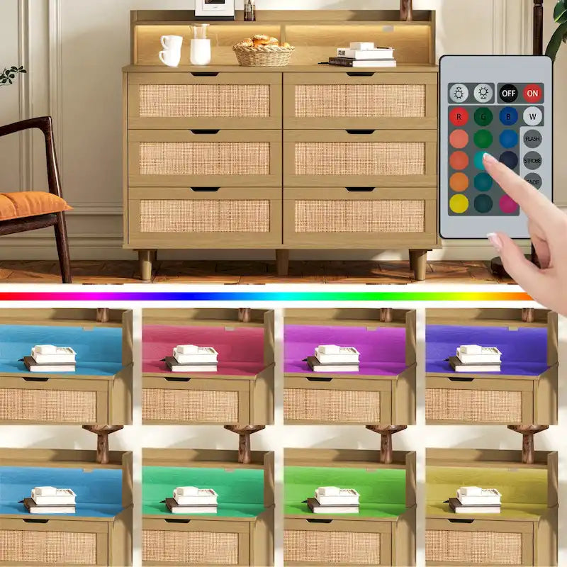 Meuble de rangement d'appoint à 6 tiroirs en rotin avec éclairage LED et prise électrique