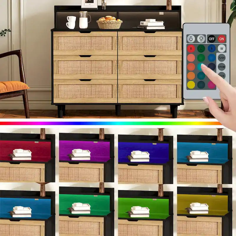 Meuble de rangement d'appoint à 6 tiroirs en rotin avec éclairage LED et prise électrique