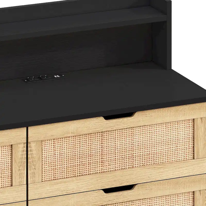 Meuble de rangement d'appoint à 6 tiroirs en rotin avec éclairage LED et prise électrique