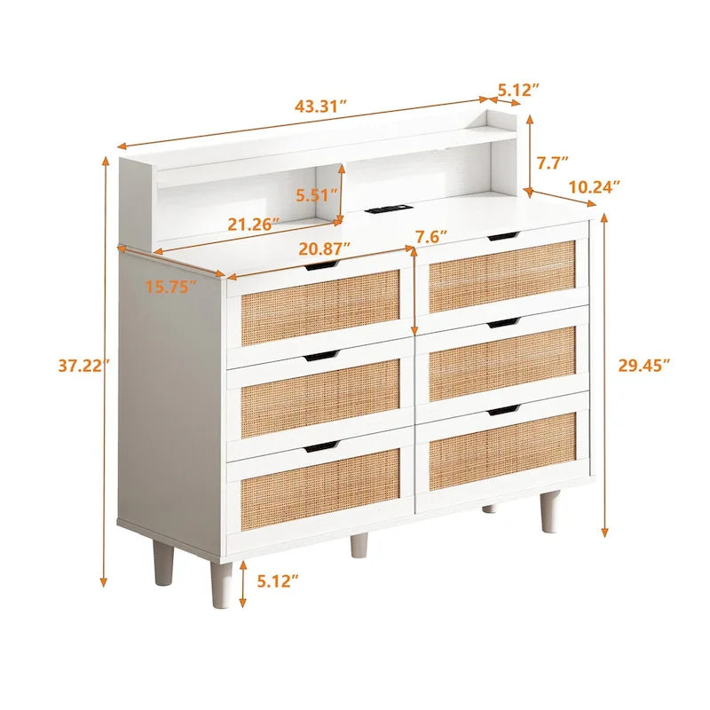 Meuble de rangement d'appoint à 6 tiroirs en rotin avec éclairage LED et prise électrique