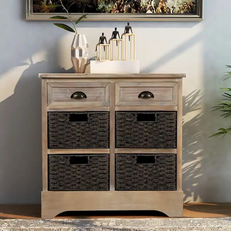Armoire de rangement en bois massif avec deux tiroirs et quatre paniers en rotin (non assemblée)