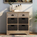 Armoire de rangement en bois massif avec deux tiroirs et quatre paniers en rotin (non assemblée)