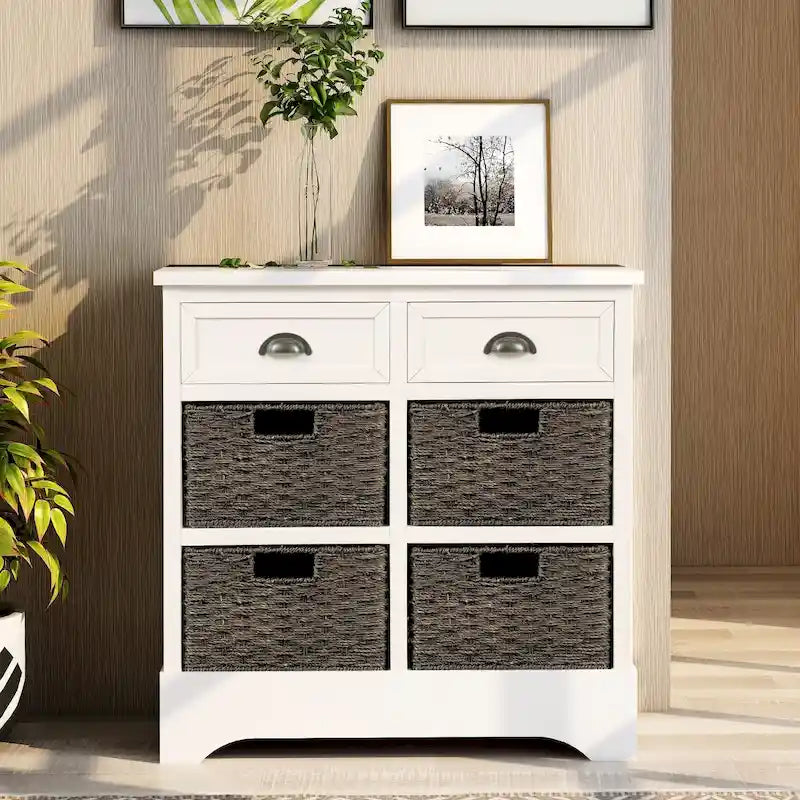 Armoire de rangement en bois massif avec deux tiroirs et quatre paniers en rotin (non assemblée)