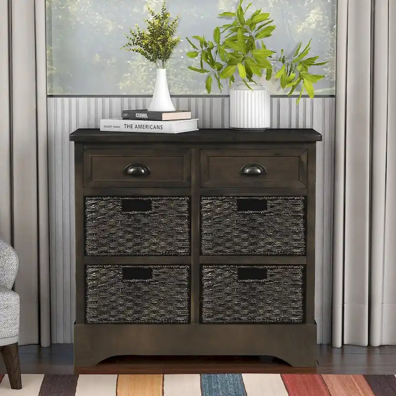 Armoire de rangement en bois massif avec deux tiroirs et quatre paniers en rotin (non assemblée)