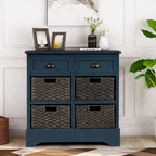 Armoire de rangement en bois massif avec deux tiroirs et quatre paniers en rotin (non assemblée)