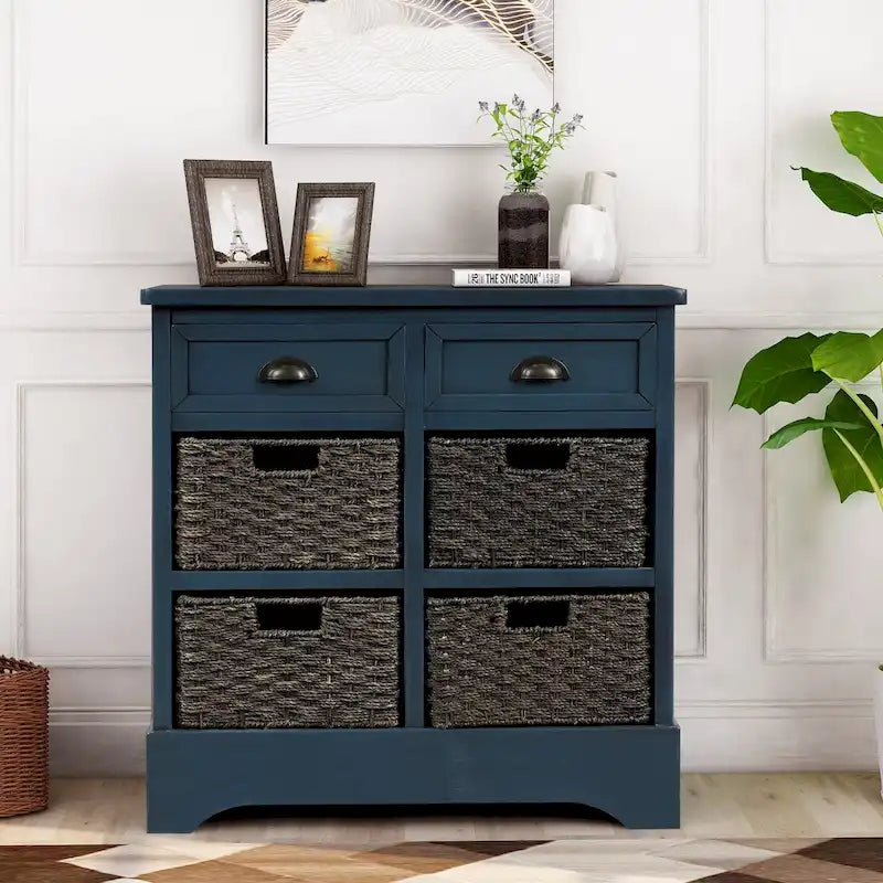 Armoire de rangement en bois massif avec deux tiroirs et quatre paniers en rotin (non assemblée)
