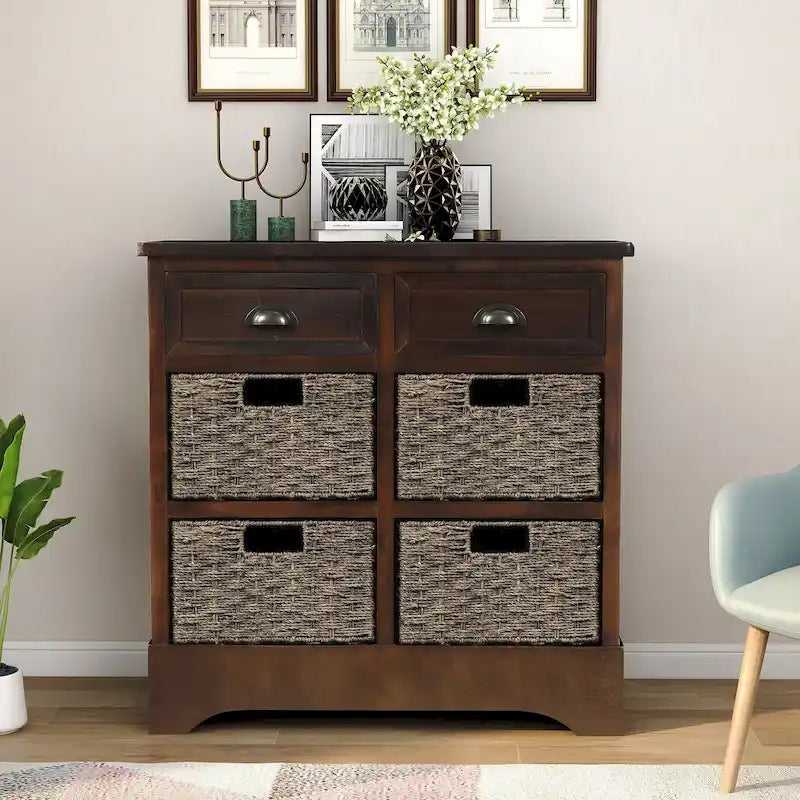 Armoire de rangement en bois massif avec deux tiroirs et quatre paniers en rotin (non assemblée)