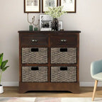 Armoire de rangement en bois massif avec deux tiroirs et quatre paniers en rotin (non assemblée)