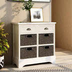 Armoire de rangement en bois massif avec deux tiroirs et quatre paniers en rotin (non assemblée)
