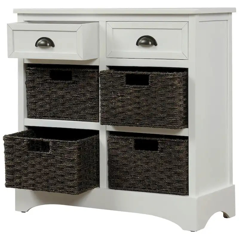 Armoire de rangement en bois massif avec deux tiroirs et quatre paniers en rotin (non assemblée)
