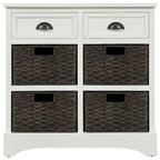 Armoire de rangement en bois massif avec deux tiroirs et quatre paniers en rotin (non assemblée)