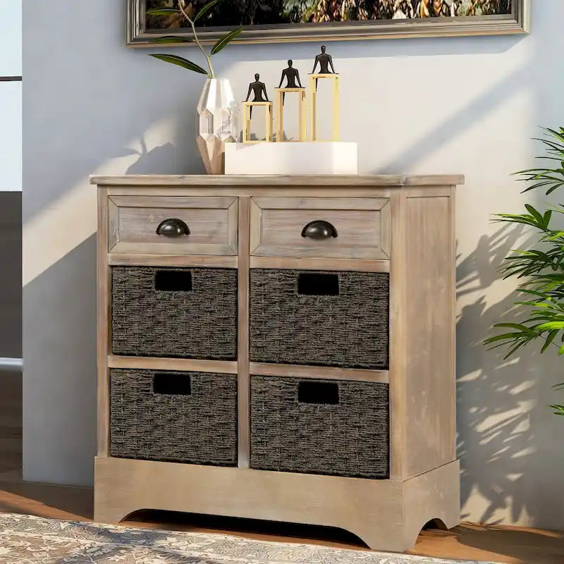 Armoire de rangement en bois massif avec deux tiroirs et quatre paniers en rotin (non assemblée)