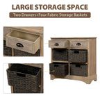 Armoire de rangement en bois massif avec deux tiroirs et quatre paniers en rotin (non assemblée)