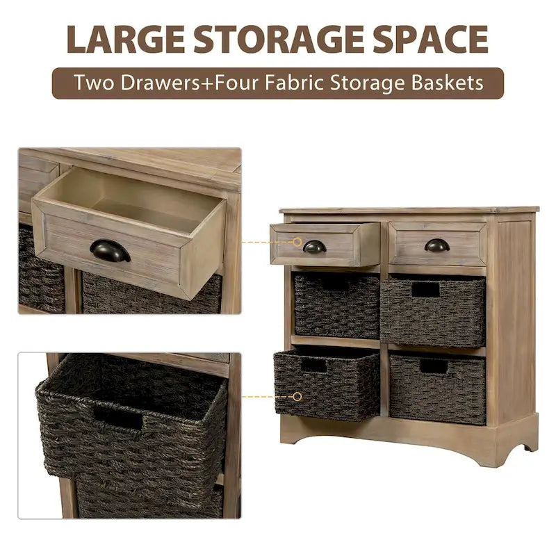 Armoire de rangement en bois massif avec deux tiroirs et quatre paniers en rotin (non assemblée)