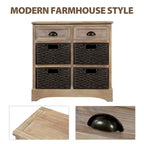 Armoire de rangement en bois massif avec deux tiroirs et quatre paniers en rotin (non assemblée)