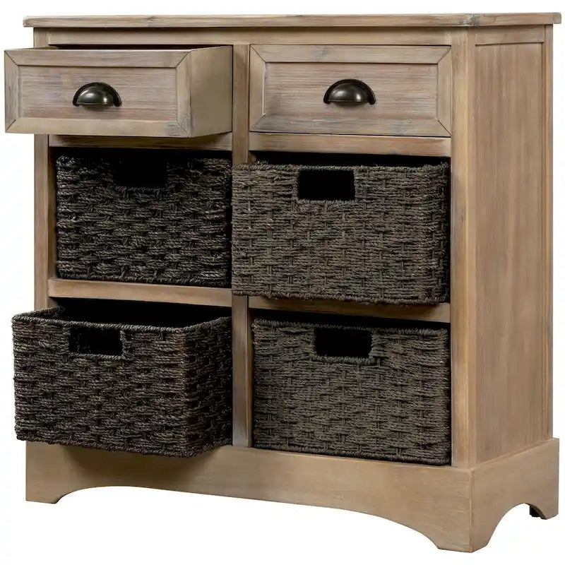 Armoire de rangement en bois massif avec deux tiroirs et quatre paniers en rotin (non assemblée)