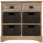 Armoire de rangement en bois massif avec deux tiroirs et quatre paniers en rotin (non assemblée)