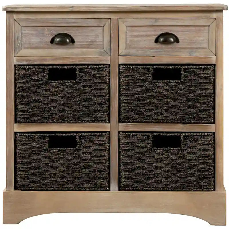 Armoire de rangement en bois massif avec deux tiroirs et quatre paniers en rotin (non assemblée)