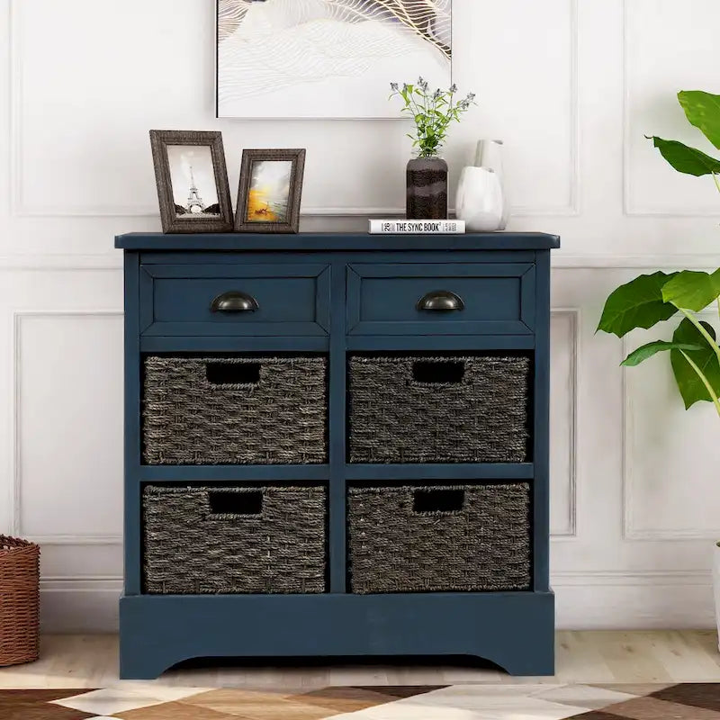 Armoire de rangement en bois massif avec deux tiroirs et quatre paniers en rotin (non assemblée)