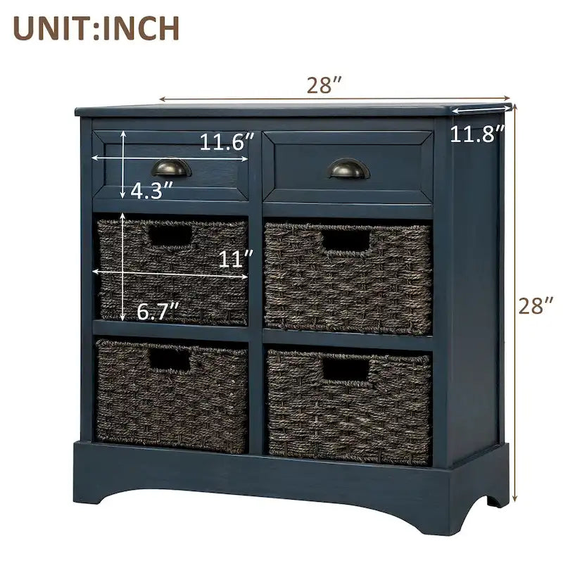 Armoire de rangement en bois massif avec deux tiroirs et quatre paniers en rotin (non assemblée)