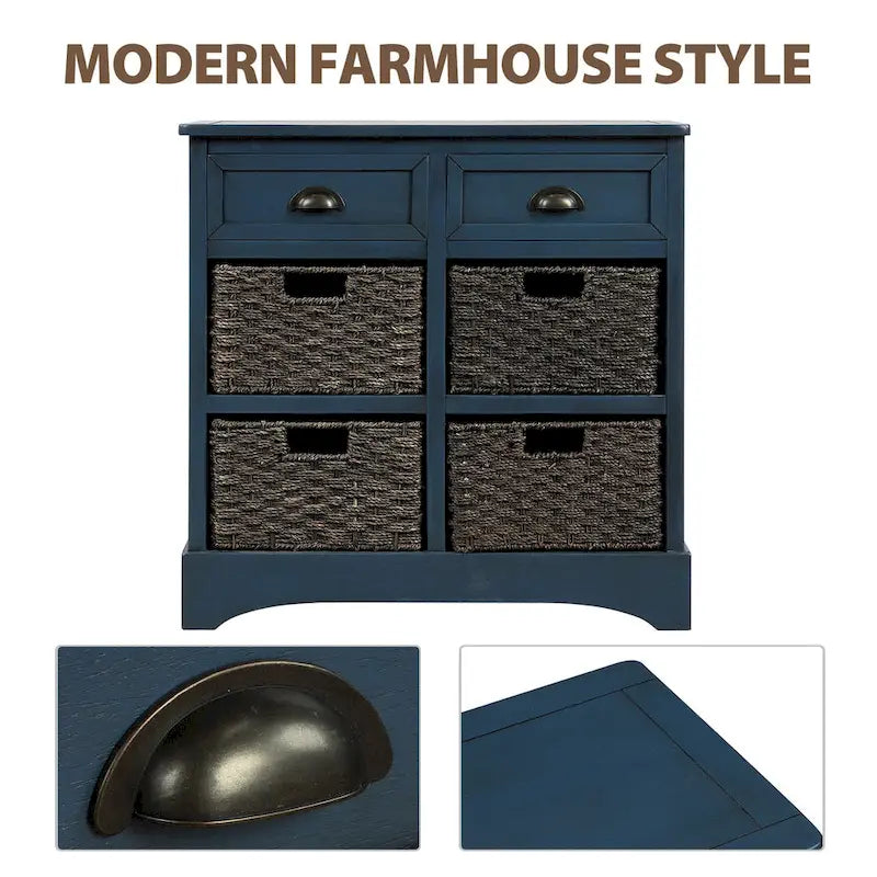 Armoire de rangement en bois massif avec deux tiroirs et quatre paniers en rotin (non assemblée)