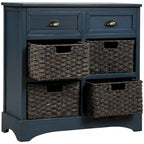 Armoire de rangement en bois massif avec deux tiroirs et quatre paniers en rotin (non assemblée)