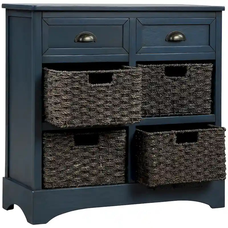Armoire de rangement en bois massif avec deux tiroirs et quatre paniers en rotin (non assemblée)