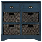 Armoire de rangement en bois massif avec deux tiroirs et quatre paniers en rotin (non assemblée)