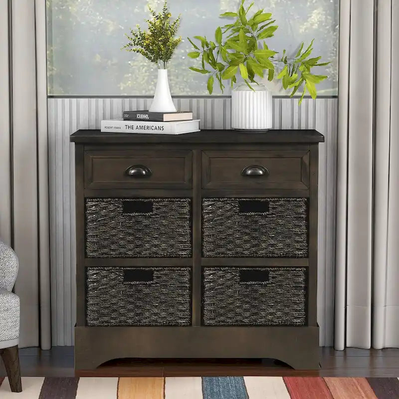 Armoire de rangement en bois massif avec deux tiroirs et quatre paniers en rotin (non assemblée)
