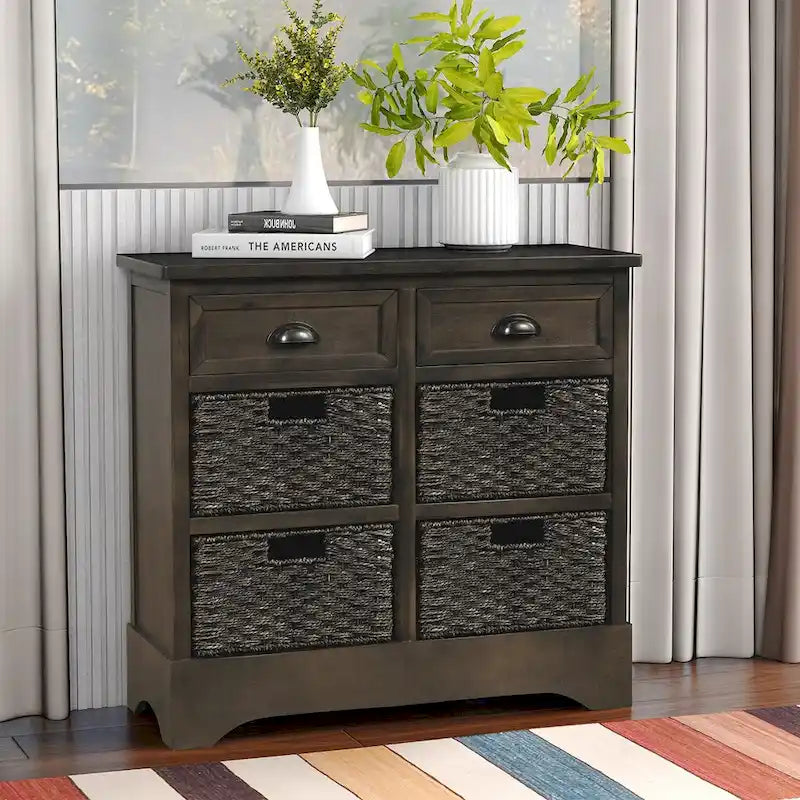 Armoire de rangement en bois massif avec deux tiroirs et quatre paniers en rotin (non assemblée)