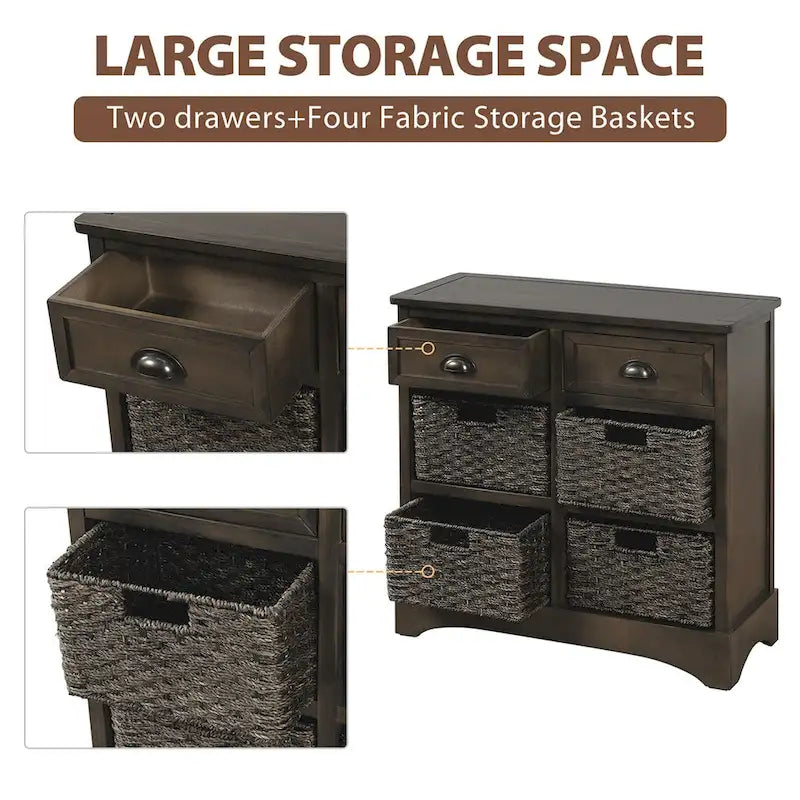 Armoire de rangement en bois massif avec deux tiroirs et quatre paniers en rotin (non assemblée)