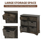 Armoire de rangement en bois massif avec deux tiroirs et quatre paniers en rotin (non assemblée)