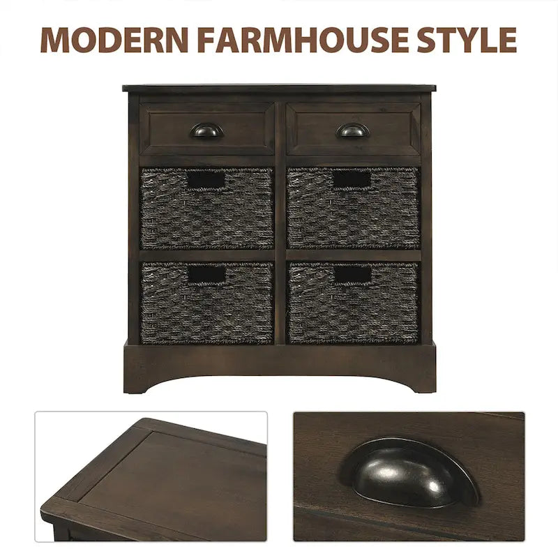Armoire de rangement en bois massif avec deux tiroirs et quatre paniers en rotin (non assemblée)