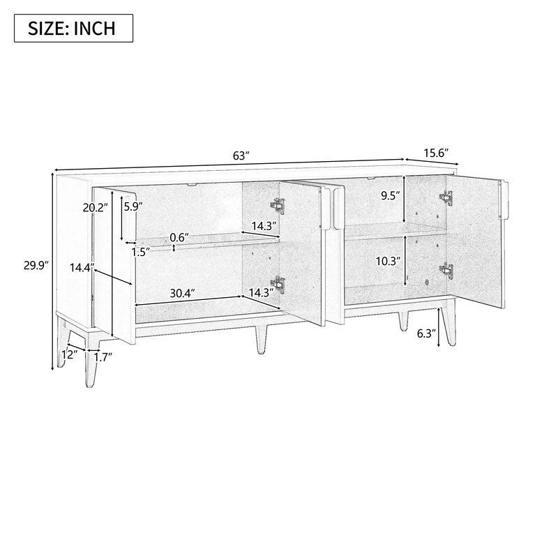 Buffet en bois à 4 portes, idéal pour un couloir, une entrée, un salon ou une chambre. Étagère réglable.