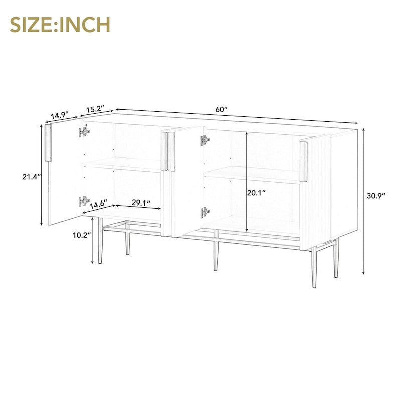 Buffet moderne et élégant à 4 portes avec poignées en métal doré, idéal pour la salle à manger, le salon, la chambre ou le couloir.