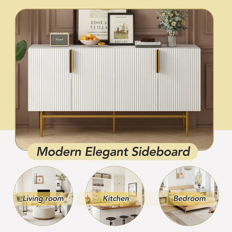 Buffet moderne et élégant à 4 portes avec poignées en métal doré, idéal pour la salle à manger, le salon, la chambre ou le couloir.