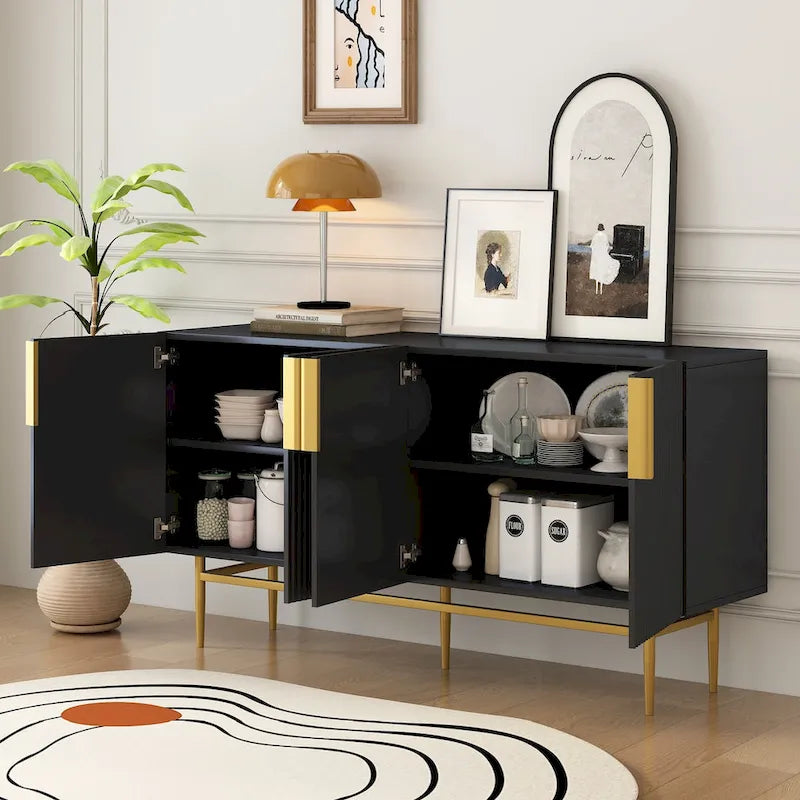 Buffet moderne et élégant à 4 portes avec poignées en métal doré, idéal pour la salle à manger, le salon, la chambre ou le couloir.