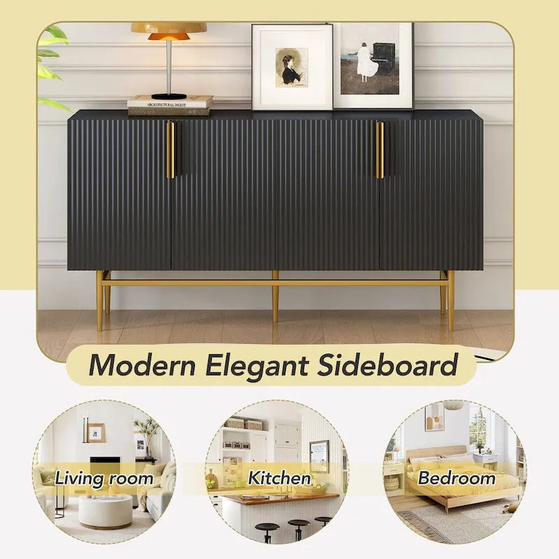 Buffet moderne et élégant à 4 portes avec poignées en métal doré, idéal pour la salle à manger, le salon, la chambre ou le couloir.