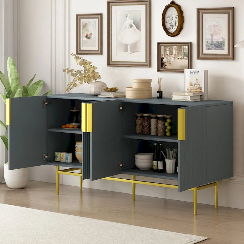 Buffet moderne et élégant à 4 portes avec poignées en métal doré, idéal pour la salle à manger, le salon, la chambre ou le couloir.