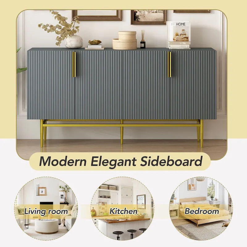 Buffet moderne et élégant à 4 portes avec poignées en métal doré, idéal pour la salle à manger, le salon, la chambre ou le couloir.