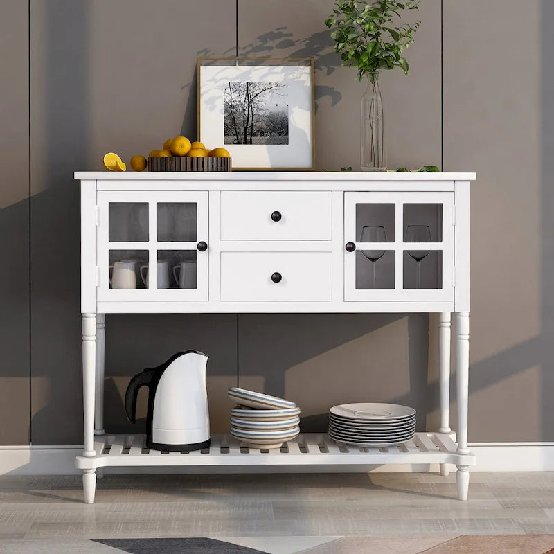 Console buffet avec étagère inférieure et meuble de rangement style ferme en bois et verre - 42 po L x 14 po l x 34,2 po H