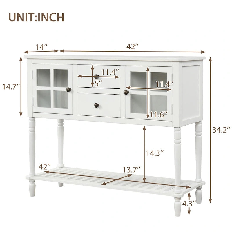 Console buffet avec étagère inférieure et meuble de rangement style ferme en bois et verre - 42 po L x 14 po l x 34,2 po H