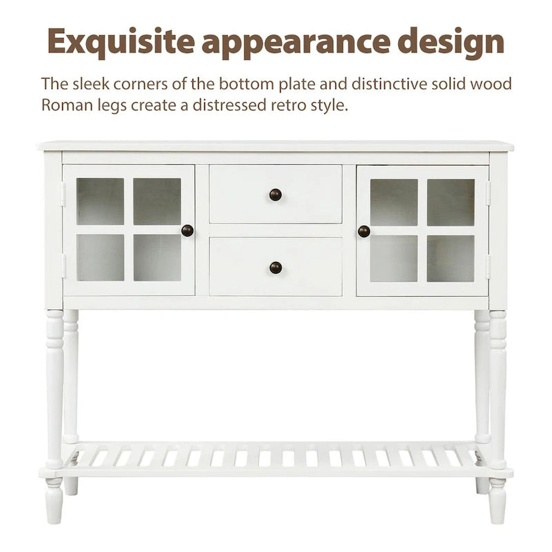 Console buffet avec étagère inférieure et meuble de rangement style ferme en bois et verre - 42 po L x 14 po l x 34,2 po H
