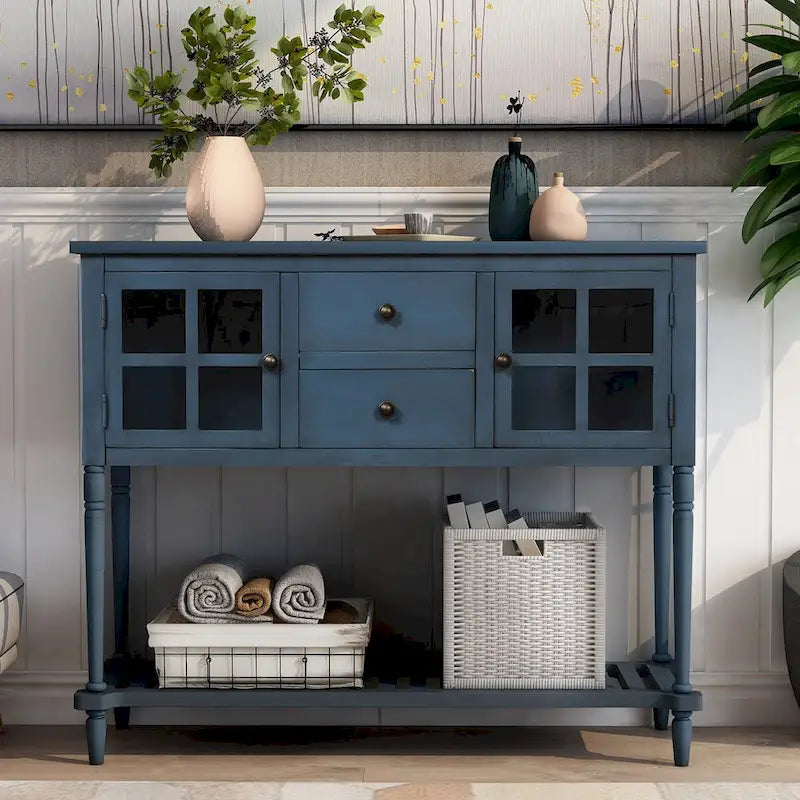 Console buffet avec étagère inférieure et meuble de rangement style ferme en bois et verre - 42 po L x 14 po l x 34,2 po H
