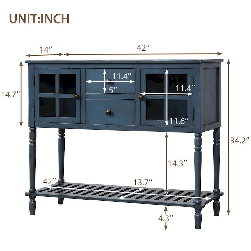 Console buffet avec étagère inférieure et meuble de rangement style ferme en bois et verre - 42 po L x 14 po l x 34,2 po H