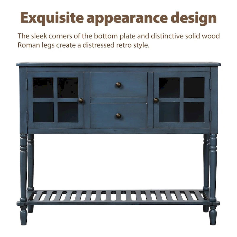 Console buffet avec étagère inférieure et meuble de rangement style ferme en bois et verre - 42 po L x 14 po l x 34,2 po H