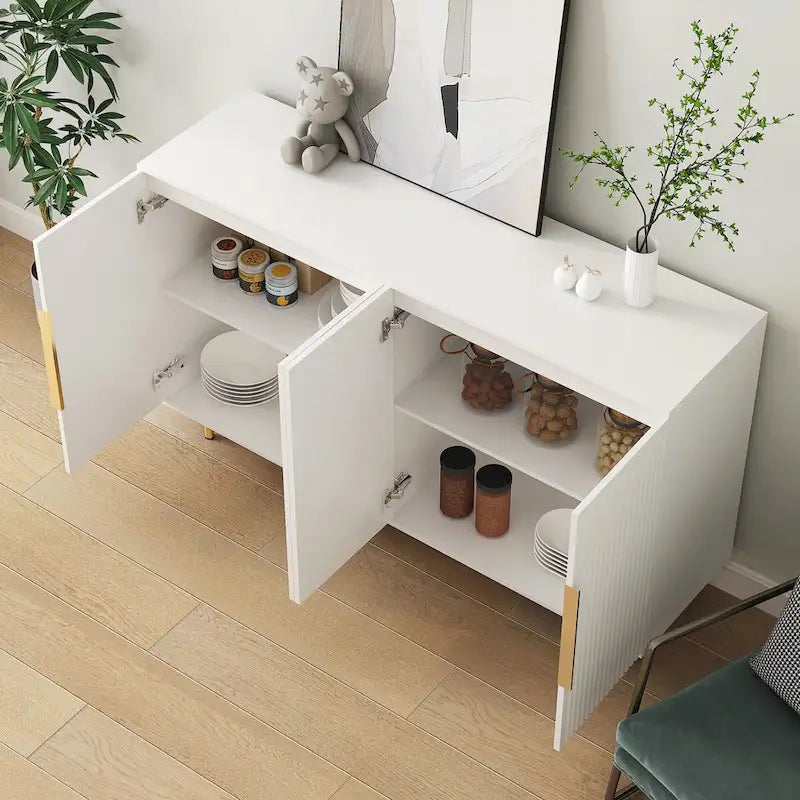 Buffet moderne blanc avec rangement, buffet cannelé grand format avec étagères réglables, meuble console d'appoint