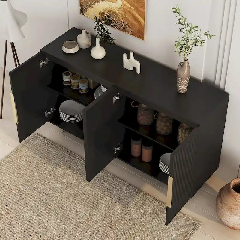Buffet moderne blanc avec rangement, buffet cannelé grand format avec étagères réglables, meuble console d'appoint